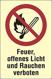 Langnachleuchtendes kunststoff schild cm 40x30 feuer, offenes licht und rauchen verboten