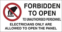 Cartello adesivo cm 8,2x4,2 n° 16 forbidden to open to unauthorised personnel electricians only are allowed to open the panel