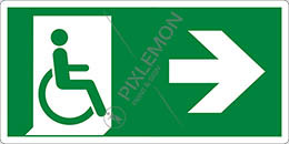 Cartello alluminio cm 25x12,5 uscita di emergenza disabili a destra - emergency exit for people unable to walk right hand