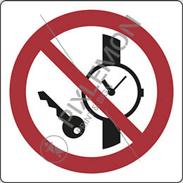 Cartello alluminio cm 12x12 vietato entrare con orologi o oggetti metallici - no metallic articles or watches