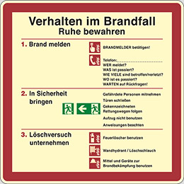 Langnachleuchtendes kunststoff schild cm 20x20 verhalten im brandfall ruhe bewahren