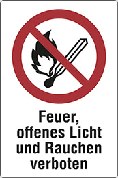 Aluminium schild cm 30x20 feuer, offenes licht und rauchen verboten