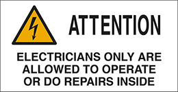 Adhesive sign cm 16,5x8,5 attention electricians only are allowed to operate or do repairs inside