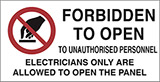 Adhesive sign cm 8,2x4,2 n° 16 forbidden to open to unauthorised personnel electricians only are allowed to open the panel