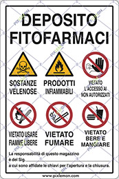 Cartello alluminio cm 50x35 cartello alluminio cm 70x50 deposito fitofarmaci sostanze velenose prodotti infiammabili vietato l’accesso ai non autorizzati vietato usare fiamme libere vietato fumare vietato bere e mangiare la responsabilità