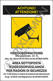 Cartello alluminio cm 30x20 achtung videoüberwachung datenschutzkodex - art 13 ges ver dekret nr 101/2018 und eu 2016/679 gdpr 