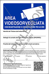 Cartello plastica cm 30x20 area videosorvegliata con registrazione e conservazione per 48 ore linee guida n 3/2019