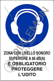 Cartello adesivo cm 30x20 zona con livello sonoro superiore a 85 dba e obbligatorio proteggere udito