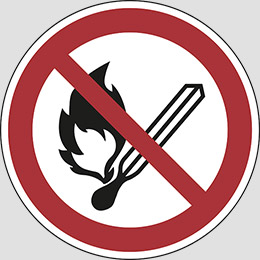 Cartello adesivo diametro cm 5 no open flame: fire, open ignition source and smoking prohibited