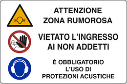 Cartello alluminio cm 70x50 attenzione zona rumorosa vietato ingresso ai non addetti eobbligatorio uso di protezioni acustiche