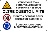 Cartello alluminio cm 30x20 attenzione zona con livello sonoro superiore a 85 dba oltre questo limite vietato accedere senza protezioni acustiche