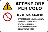 Cartello alluminio cm 30x20 attenzione pericolo è vietato usare: - apparecchi ad incandescenza 