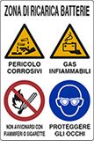 Cartello alluminio cm 30x20 zona di ricarica batterie pericolo corrosivi gas infiammabili non avvicinarsi con fiammiferi o sigarette