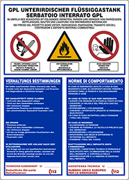 Cartello alluminio cm 70x50 gpl unterirdischer fluessiggastank serbatoio interrato gpl im umfeld des schachtes ist folgendes verboten: parken und verkehr von fahrzeugen, bepflanzung, bauten und lagerung von brennbaren materialien nei pressi del pozzetto