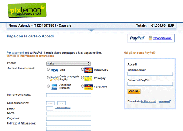 Paga con PayPal e carta di credito